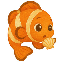 Curious clownfish holding a seashell adorable marine character design