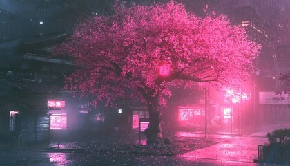 Serene Japanese landscape featuring a majestic sakura tree.