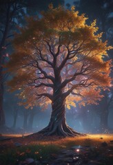 Massive glowing tree, holographic leaves, mystical aura , dreamlike, otherworldly, sacred