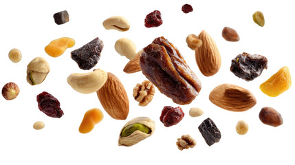 Nuts and Dried Fruits Flying in the Air on Transparent Background

