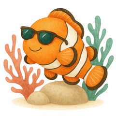 Cool clownfish wearing sunglasses in coral reef joyful marine illustration