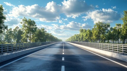 Fototapeta premium Wide empty highway surrounded by greenery under blue sky perfect for transportation marketing, infrastructure visuals, or road safety campaigns