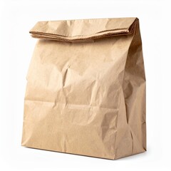 A crumpled brown paper bag rests on a clean white background, showcasing its textured surface and natural earthy tones, perfect for eco-friendly themes.