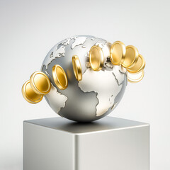 3D Global Finance Icon &ndash; Coins Flying Around the World Map