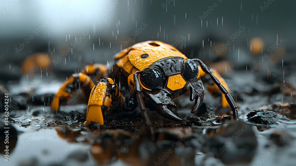 Poster a robotic insect stands in water as rain falls. this image would be perfect for science fiction them