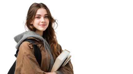 Young beautiful college student with backpack and holding a book, isolated white background half body shot, relaxed semi preppy hair