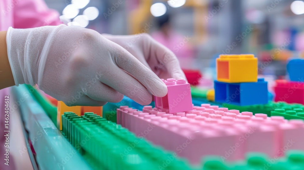 Aufkleber worker assembling colorful building blocks on production line in a factory setting