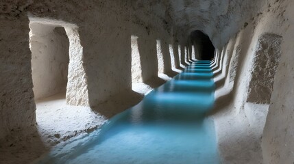 cave where glowing liquid flows through carved channels and surreal instruments collect droplets