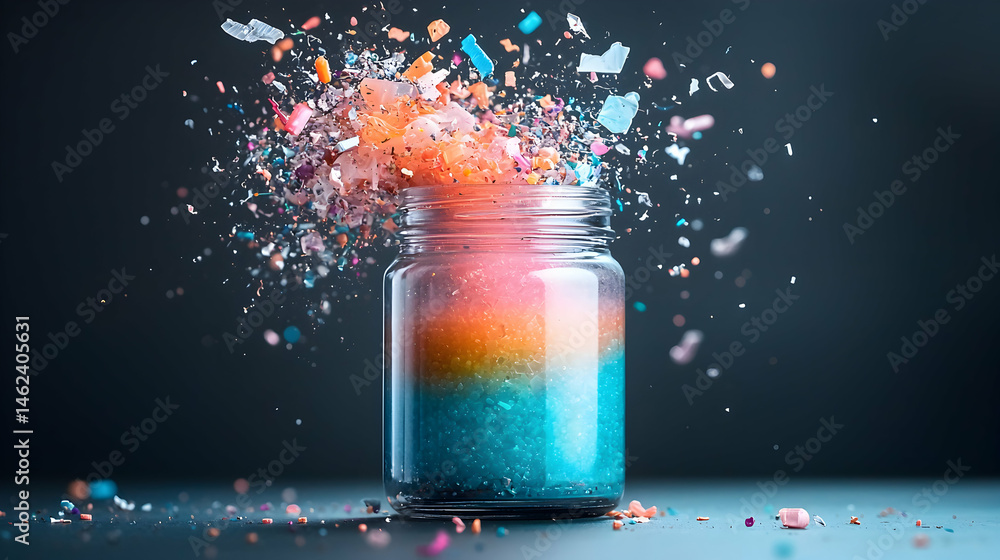 Aufkleber a jar filled with colorful particles bursts creating an explosion. it would be excellent for a creat