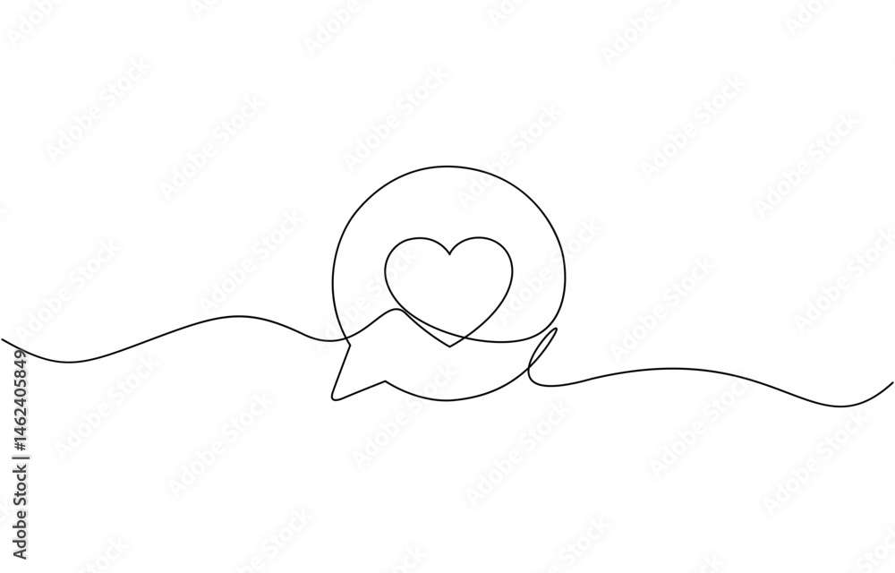 Poster continuous line speech bubbles drawing, bubble chat with a heart continuous one line art, single lin
