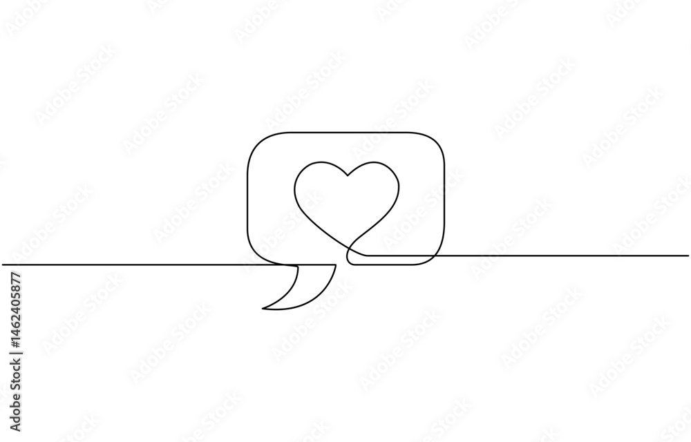 Poster continuous line speech bubbles drawing, bubble chat with a heart continuous one line art, single lin
