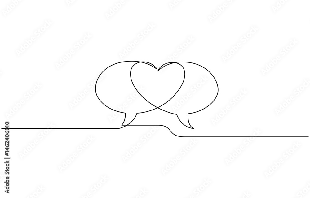 Poster continuous line speech bubbles drawing, bubble chat with a heart continuous one line art, single lin