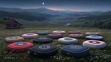 floating island laboratory surrounded by liquid-harvesting drones and rainbow mists