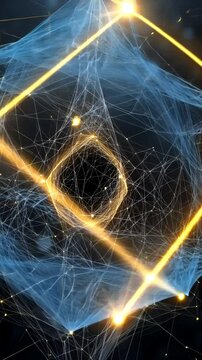 Abstract network with illuminated geometric shapes and connected nodes