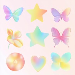 Set of Iridescent Pastel Shapes on the white background