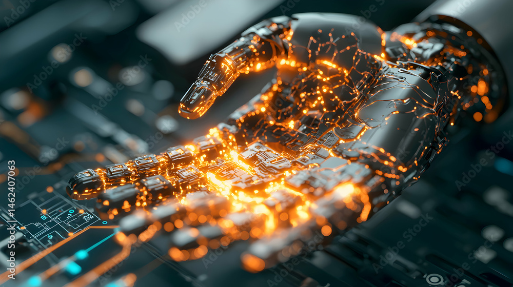 Poster an ai robotic hand glowing with energy set against a circuit board. suitable for futuristic tech pre
