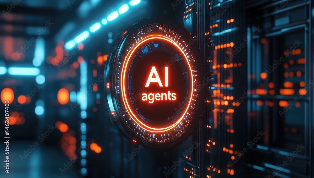 Poster futuristic ai agents display in server room