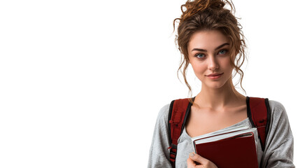 Obraz premium Young beautiful college student with backpack and holding a book, isolated white background half body shot, relaxed semi preppy hair