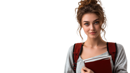 Young beautiful college student with backpack and holding a book, isolated white background half body shot, relaxed semi preppy hair