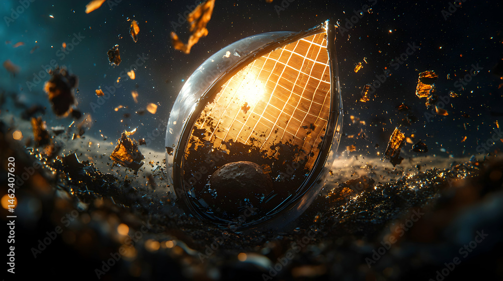 Poster a futuristic spacecraft-like teardrop shape is breaking apart surrounded by debris in a space enviro