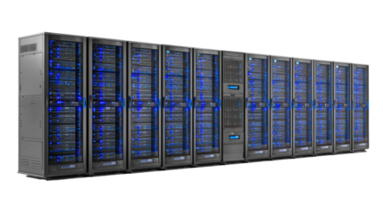 Server Rack with Servers and Blue LED Lights Transparent Background

