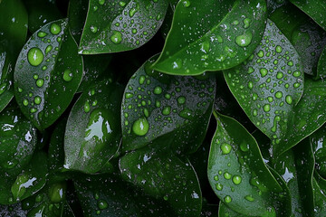 Fototapeta premium Close-up view of dew drops resting on vibrant green leaves in the morning light showcasing nature's delicate beauty
