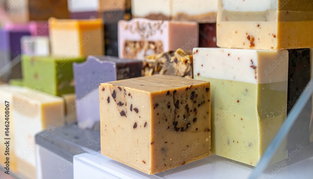 Poster a close-up view showcasing an array of vibrant, artisanal soaps in various colors and textures, high