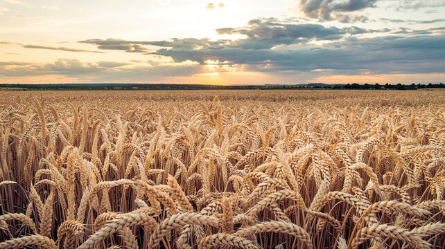 Golden wheat field under a dramatic sunset sky with sun rays bre