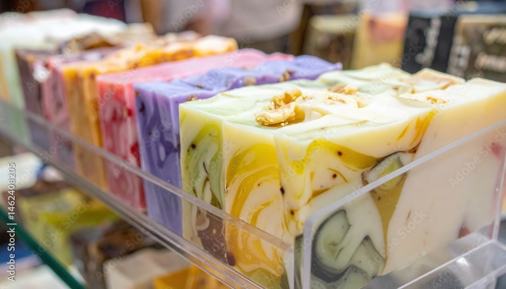 Poster a vibrant close-up of an array of artisanal soaps displayed on a rustic wooden shelf, showcasing var