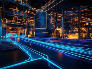 Fototapeta premium Glowing lines in futuristic industrial plant