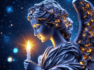 Angel with candle, starry night