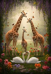 Fototapeta premium Giraffes and swans in floral garden