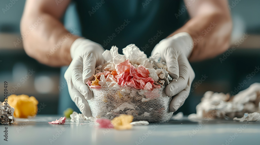 Poster a person in gloves holds an art piece made of textured materials creating an abstract composition. u