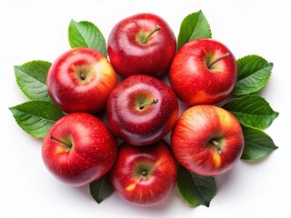 Surreal Gala Apples: Top View Red Apples with Leaves Isolated on White Background