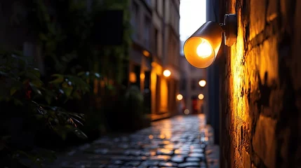 Papier peint photo Ruelle étroite A narrow alleyway at dusk, illuminated by warm streetlights.  © Qicol