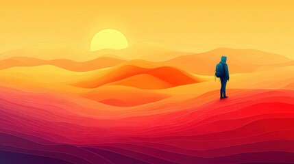 Individual Standing on Colorful Waves During Sunset in Desert Landscape