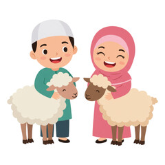 Obraz premium Festive Eid Al-Adha illustration of children with sacrificial animals