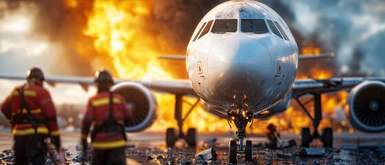 A team of emergency responders working to pull victims from the wreckage of a burning airplane accident.
