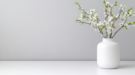 A white ceramic vase with delicate white blossoms on a minimalist white surface, soft grey background, elegant floral arrangement, and serene interior decor.
