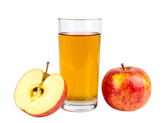 Photo of apple juice in a glass with an apple on a white background 