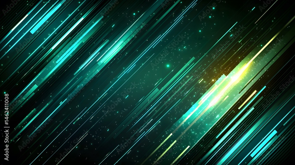 Poster abstract design with diagonal teal and gold lines.