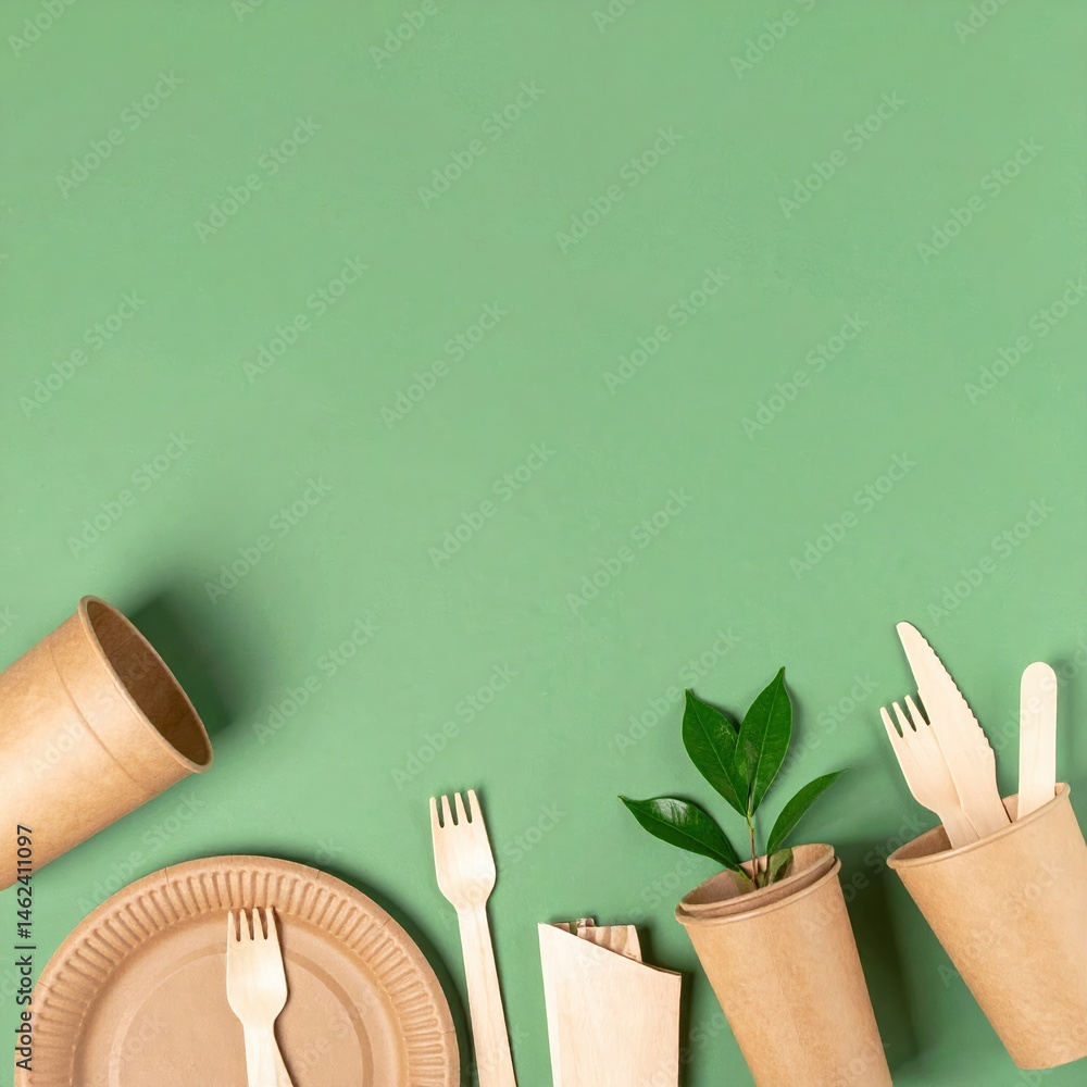 Aufkleber a vibrant green background features an array of colorful paper plates and matching forks, creating a