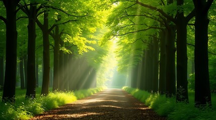 Tranquil forest pathway bathed in spring sunlight, with lush green trees forming a natural canopy and dappled light creating a serene, inviting atmosphere.