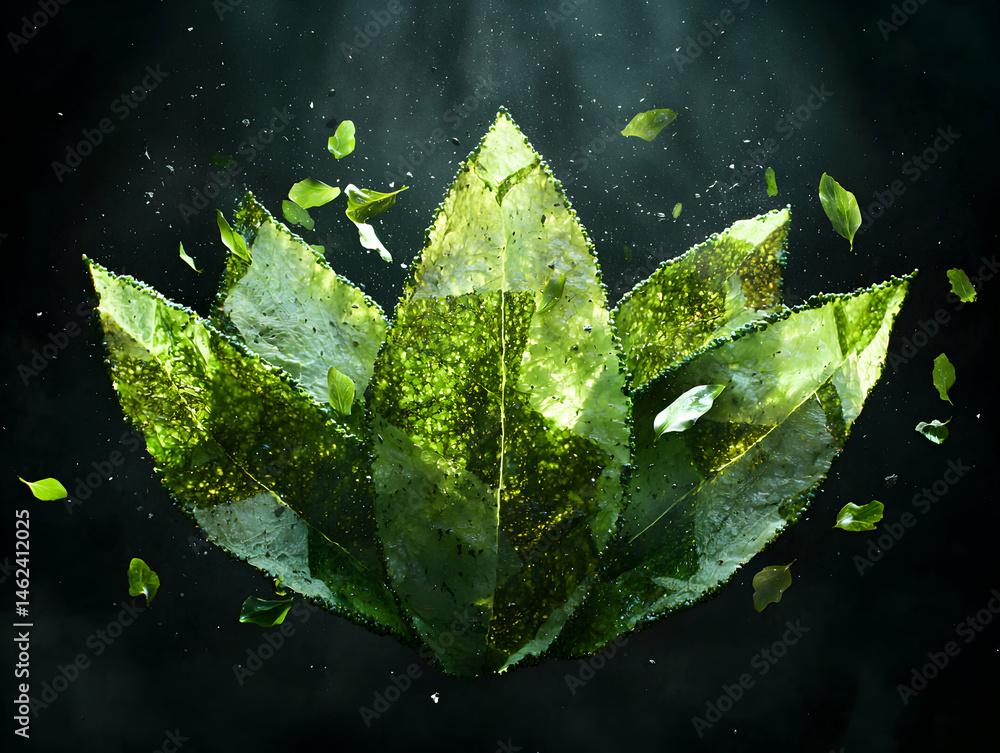 Poster an abstract artistic image showing layers of green leaves on a dark background with loose leaves. it