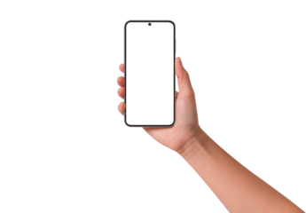 Hand holding smartphone with blank screen isolated. Premium high quality studio shot. Concept for technology, business, finance and advertising.	
