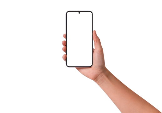 Hand holding smartphone with blank screen isolated. Premium high quality studio shot. Concept for technology, business, finance and advertising.	
