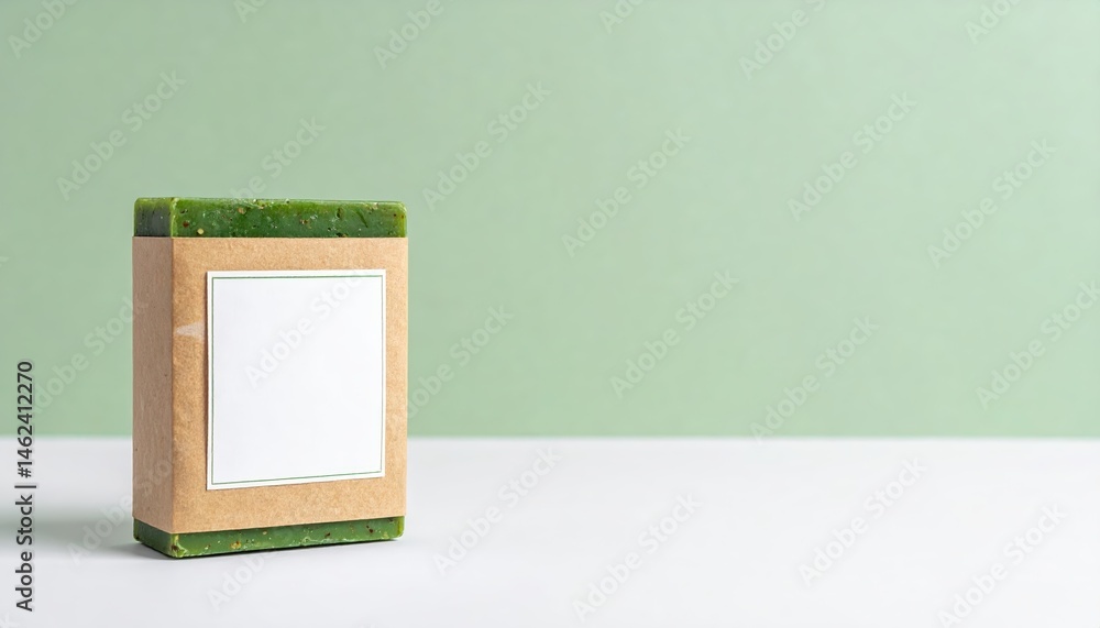 Poster a vibrant green soap bar rests on a rustic wooden surface, its smooth texture glistening under soft 