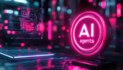Obraz premium Glowing Ai Agents Neon Circuit Board Background