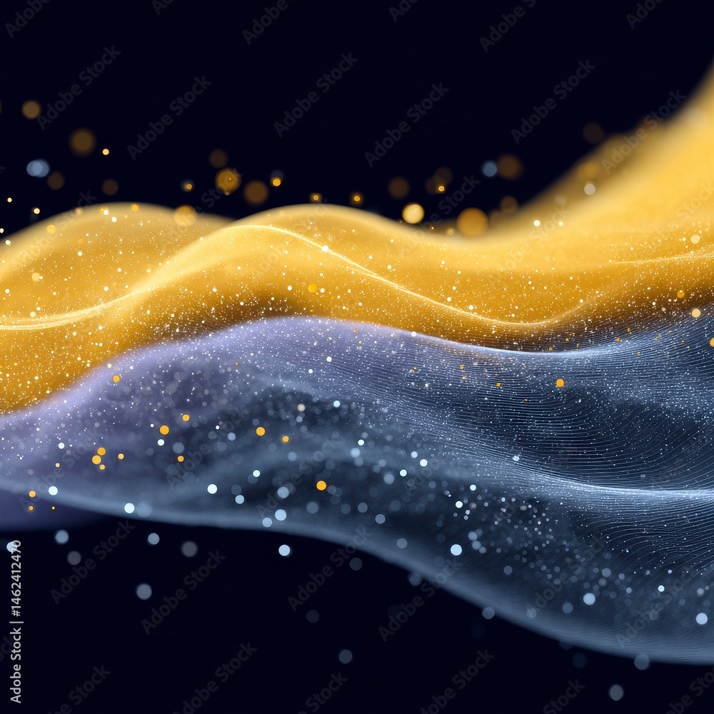 Poster abstract waves with sparkling particles in a dark background.