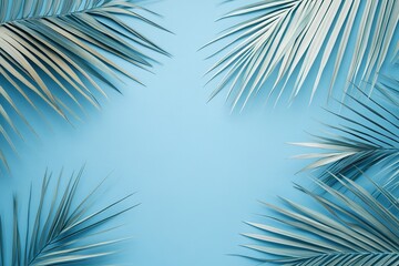 Obraz premium Light Blue Background With Silver Palm Leaves